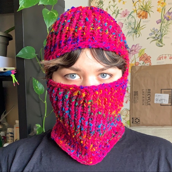 knit neon hot pink and rainbow balaclava - Picture 2 of 4